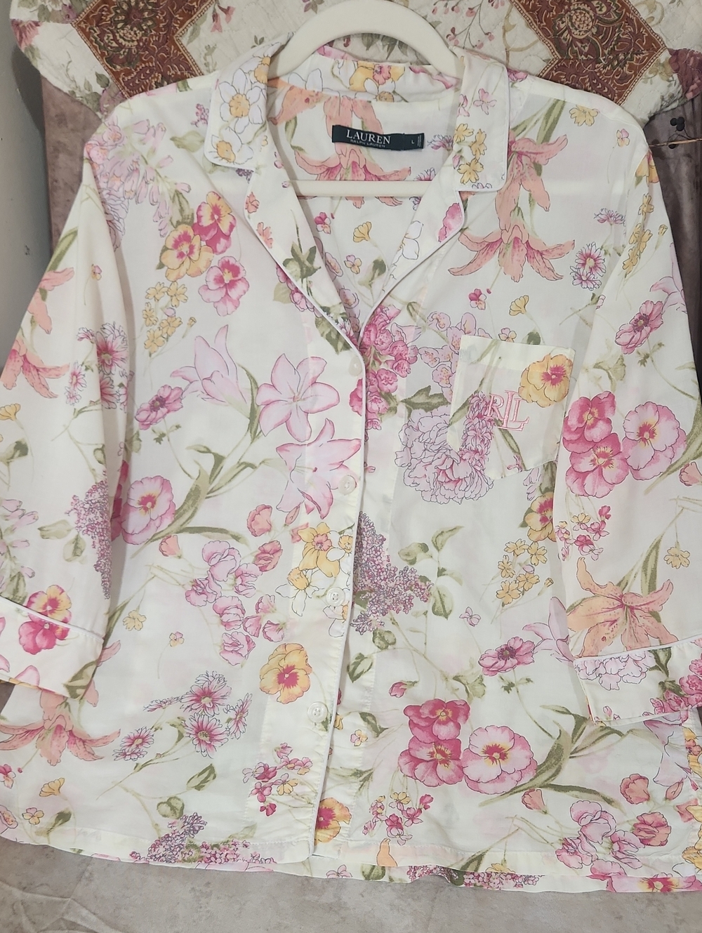 Lauren Ralph Lauren Floral Button-Down PJ Top in White, Pink and Yellow